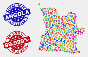 Component Angola map and blue Assembled seal stamp, and 99.999% distress seal stamp. Bright vector Angola map mosaic of puzzle connectors. Red round 99.999% stamp.