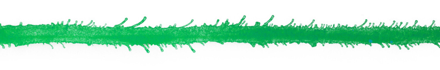 strip of paint green with blots of paint on the edges, on a white background watercolor strip