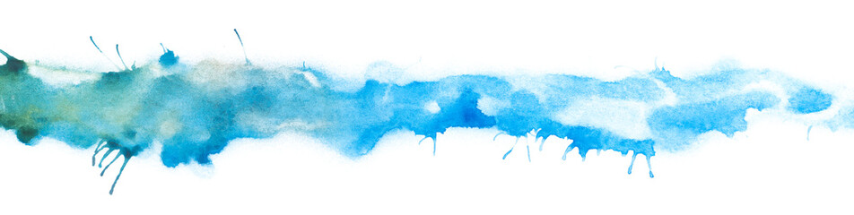 strip of paint blue with blots of paint on the edges, on a white background watercolor strip