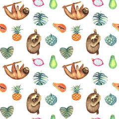 Seamless pattern  with baby sloth and tropical leaves, exotic fruits, papaya, dragonfruit, pineapple. Isolated  elements on a white background .Hand painted in watercolor. © Evgeniia