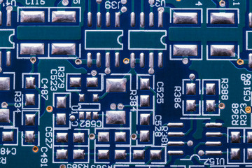 Selective focus of computer motherboard chip and other details.
