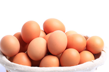chicken eggs in basket isolated on white background