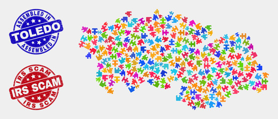 Bundle Toledo Province map and blue Assembled seal stamp, and Irs Scam scratched seal stamp. Colorful vector Toledo Province map mosaic of bundle. Red rounded Irs Scam stamp.