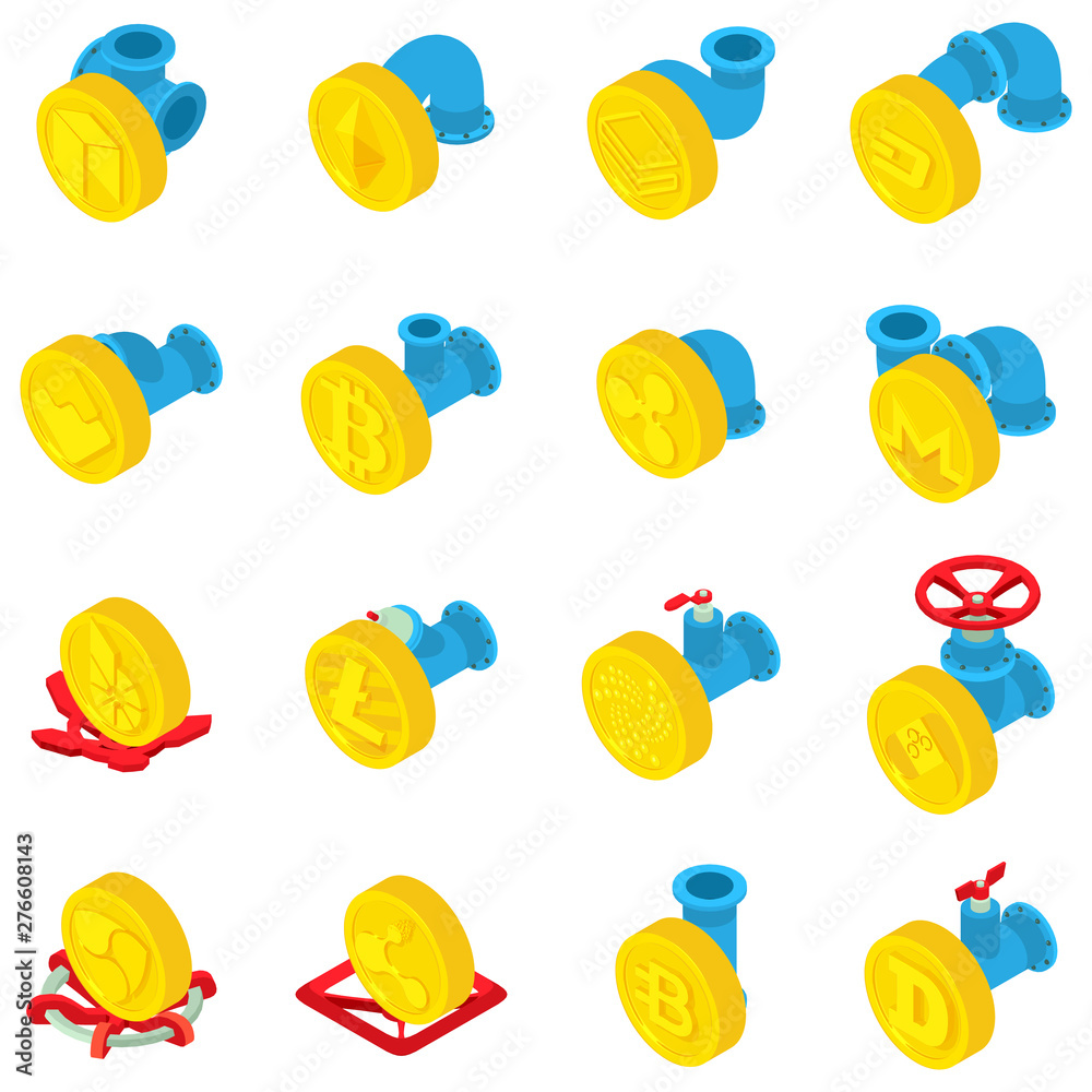 Poster coin flow icons set. isometric set of 16 coin flow vector icons for web isolated on white background