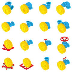 Coin flow icons set. Isometric set of 16 coin flow vector icons for web isolated on white background