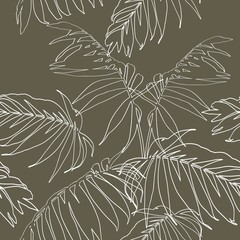 Nature seamless pattern. Hand drawn  tropical summer background: white palm tree leaves, line art. Olive color background.