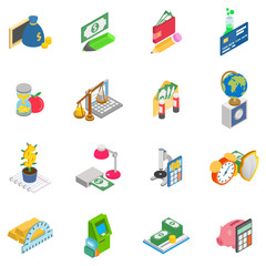 Monetary training icons set. Isometric set of 16 monetary training vector icons for web isolated on white background
