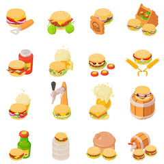 Beer evening icons set. Isometric set of 16 beer evening vector icons for web isolated on white background