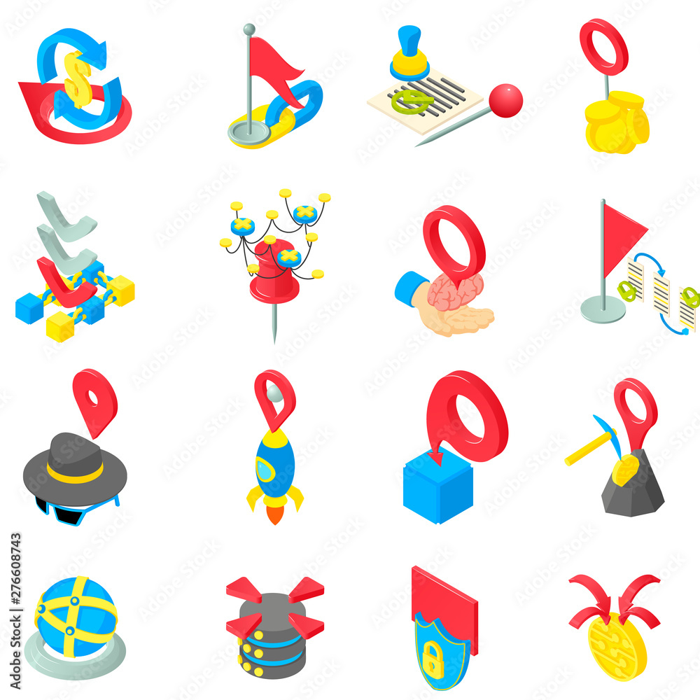 Poster data progress icons set. isometric set of 16 data progress vector icons for web isolated on white ba