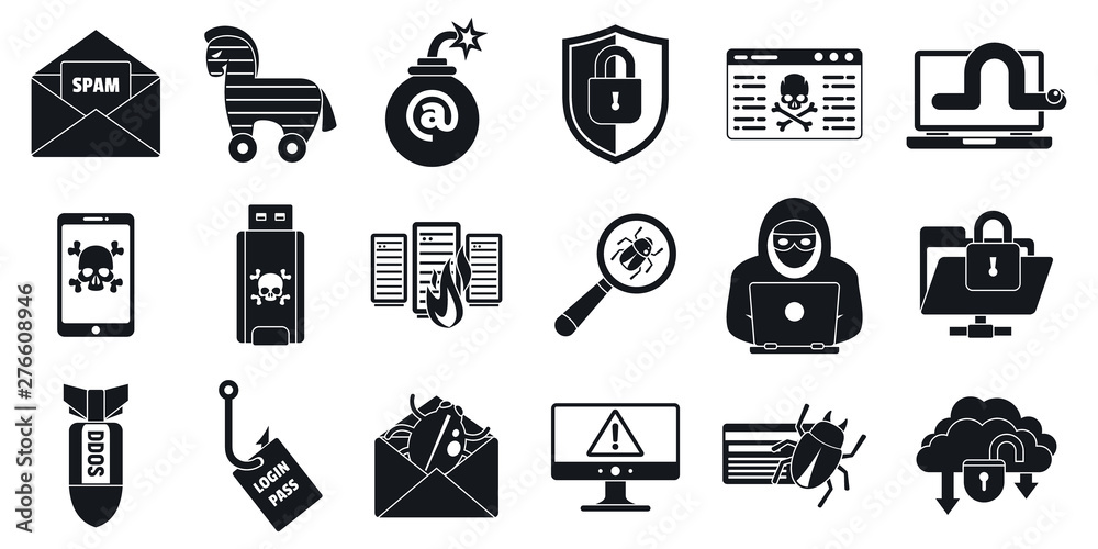 Poster cyber attack virus icons set. simple set of cyber attack virus vector icons for web design on white 