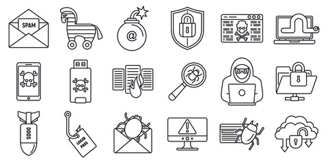 Cyber attack bug icons set. Outline set of cyber attack bug vector icons for web design isolated on white background