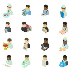 Medical personnel icons set. Isometric set of 16 medical personnel vector icons for web isolated on white background