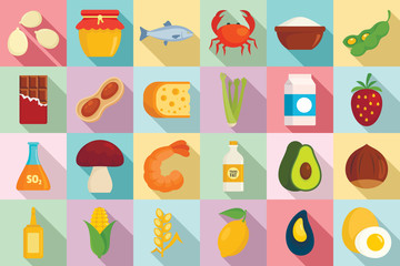 Fototapeta na wymiar Food allergy icons set. Flat set of food allergy vector icons for web design