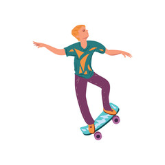 Young cute blonde hair boy dancing on his skateboard