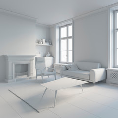3d illustration. Сozy living room interior with fireplace in white computer stuff