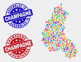 Puzzle Champagne Province map and blue Assembled seal, and Champagne distress seal. Colored vector Champagne Province map mosaic of plugin components. Red round Champagne seal.
