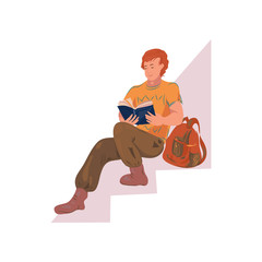 Red hair student boy stay on university stairs