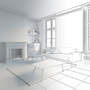 3d Illustration. Sketch Of Cozy Living Room Interior With Fireplace  Goes Into  White Computer Stuff