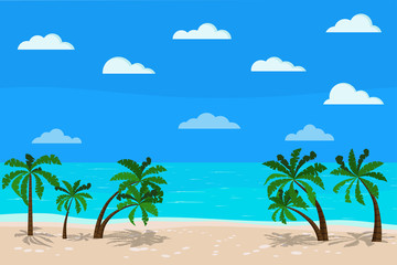 Fototapeta na wymiar Beautiful panoramic blue sea landscape: calm ocean, palm trees, clouds, sand coastline, Vector illustration of exotic tropical seascape background in flat cartoon style, Summer beach backdrop banner.