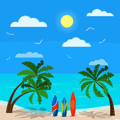 Sunny seascape with palms, blue ocean, sand coastline, different surfboards, clouds, sun, seagulls, sky, Vector background illustration of exotic tropical beach sea landscape in flat cartoon style.