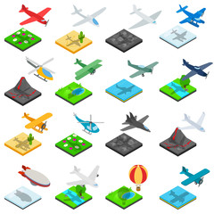 Airplane flight icons set. Isometric set of 16 airplane flight vector icons for web isolated on white background
