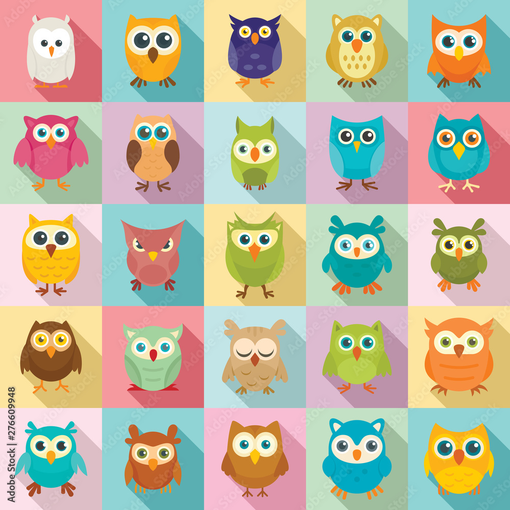 Wall mural owl icons set. flat set of owl vector icons for web design