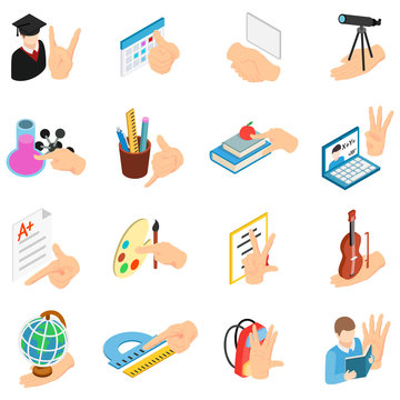 School education icons set. Isometric set of 16 school education vector icons for web isolated on white background