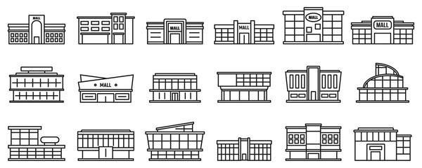 Mall centre icons set. Outline set of mall centre vector icons for web design isolated on white background