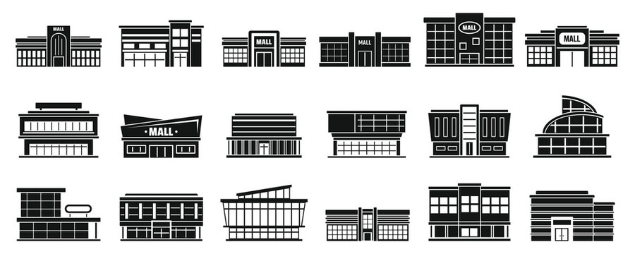Mall building icons set. Simple set of mall building vector icons for web design on white background