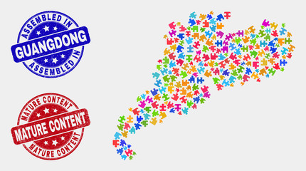 Bundle Guangdong Province map and blue Assembled seal stamp, and Mature Content distress seal stamp. Colorful vector Guangdong Province map mosaic of bundle units. Red round Mature Content rubber.