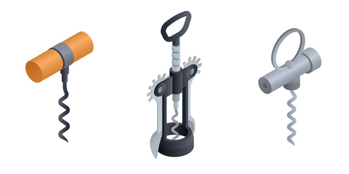 Corkscrew icons set. Isometric set of corkscrew vector icons for web design isolated on white background
