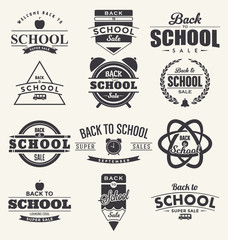 Back to School Design Collection. A Set of Twelve Dark Colored Vintage Style Back to School Designs on Light Background