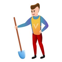 Volunteer boy with shovel icon. Cartoon of volunteer boy with shovel vector icon for web design isolated on white background
