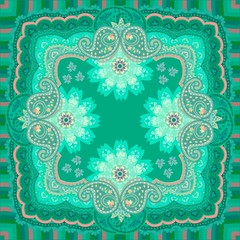 Green bandana print in oriental style with ornamental frame, mandala and paisley.