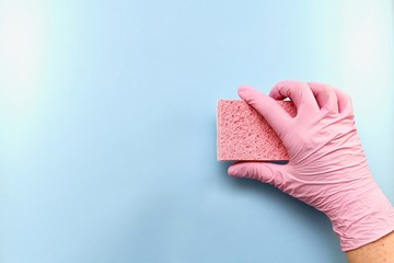 Pink household sponge made of natural scourer, in one hand in a pink rubber glove. On a blue background on the right, holds horizontally.