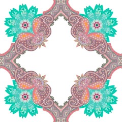 Ceramic tile, handkerchief, tea box packaging desiagn or seamless print for fabric in ethnic style. Turkish, moroccan, persian, indian motifs.