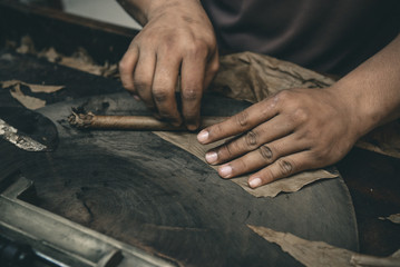 Closeup of hands making cigar from tobacco leaves. Traditional manufacture of cigars. Dominican...