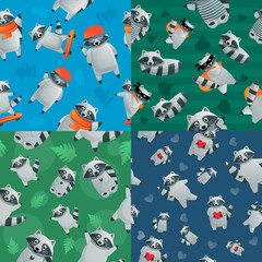Raccoon animal pattern set. Cartoon illustration of raccoon animal vector pattern set for web design