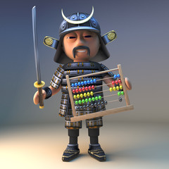 Mighty Japanese warrior holds awesome abacus of mathematics, 3d illustration © Steve Young