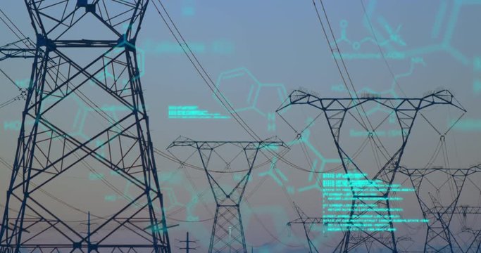 Chemical structures with program codes and a background of transmission towers