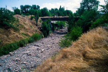 Dry river without water in summer.