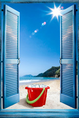 Blue wooden retro open window. Summer landscape of beach with sea and blue sun. Container of cold ice and free space for your product or bottle. 