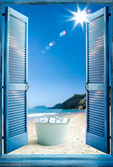 Fototapeta na wymiar Blue wooden retro open window. Summer landscape of beach with sea and blue sun. Container of cold ice and free space for your product or bottle. 