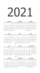 2021 calendar grid. White, pocket
