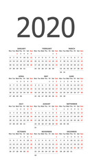 2020 calendar grid. White, pocket