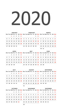 2020 calendar grid. White, pocket