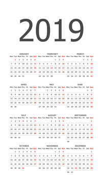 2019 calendar grid. White, pocket