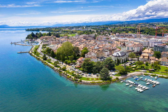 Aerial view of Morges city waterfront in the border of the Leman Lake in  Switzerland