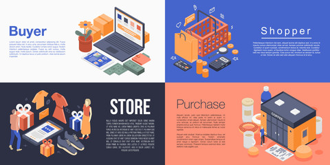 Buyer banner set. Isometric set of buyer vector banner for web design