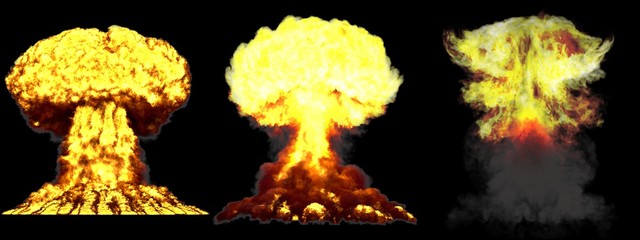 3D illustration of explosion - 3 big very high detailed different phases mushroom cloud explosion of thermonuclear bomb with smoke and fire isolated on black